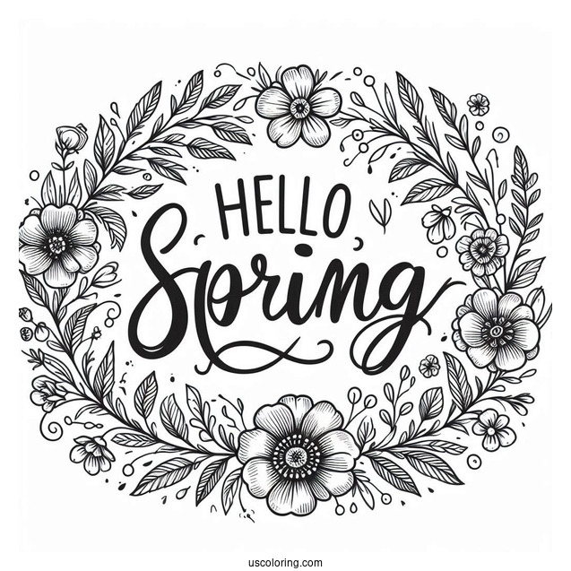 Calligraphy Hello Spring Coloring Page With Flower Wreath