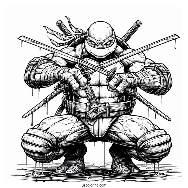 Ninja Turtles Coloring Page Of Adult Leonardo Using Dual Katana In Sewer