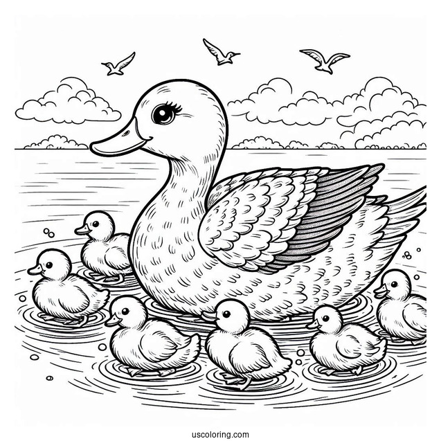 Mother Duck With Flock Of Ducklings