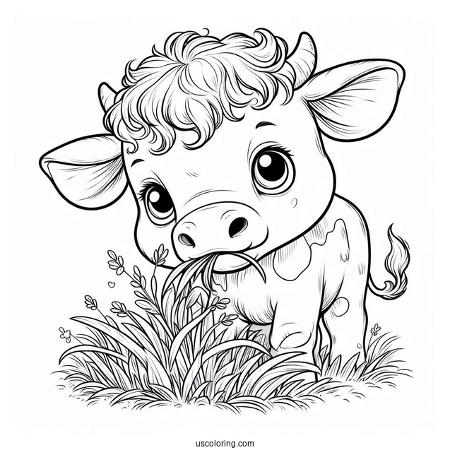 Happy Baby Cow Eating Grass Coloring Sheet