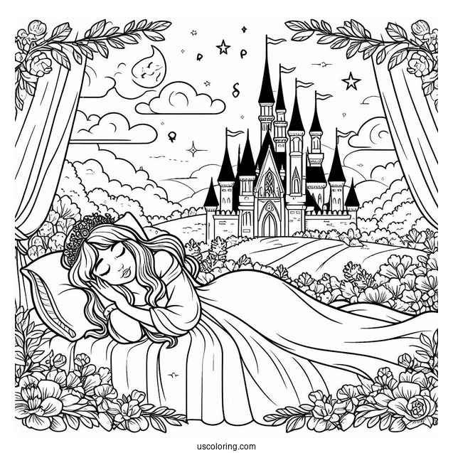 Coloring Page Of Sleeping Beauty With Castle In Background