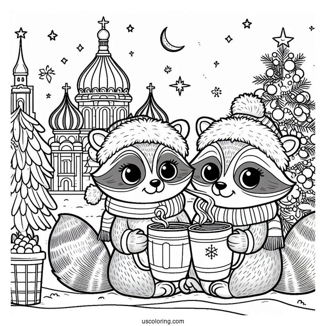 Christmas Coloring Pages For Adults Of Cartoon Racoons Sharing Hot Beverage In Front Of Christmas Tree And Cathedral