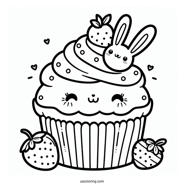 Cute Kawaii Cupcake With Bunny To Color