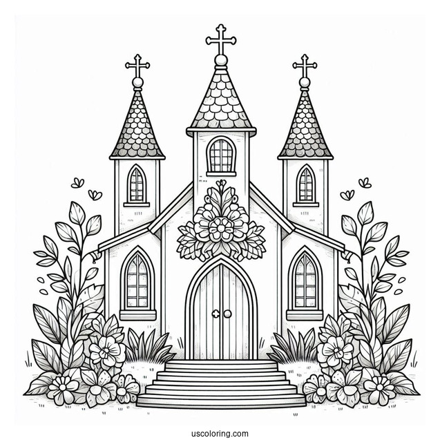 Cute Church Coloring Page With Flowers In Front