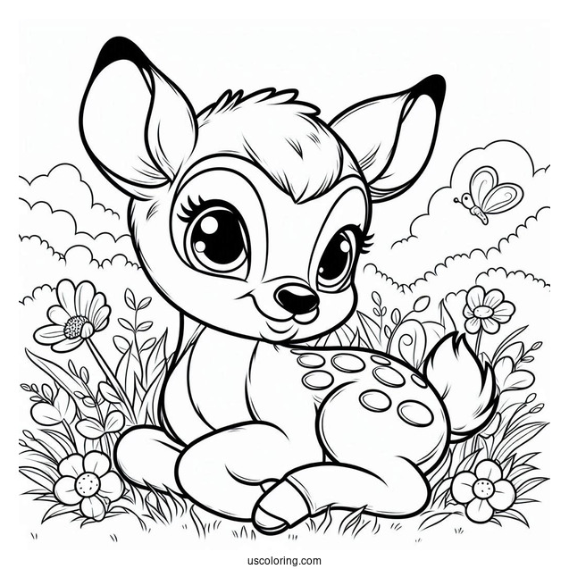 Bambi Sitting On Grass Coloring In