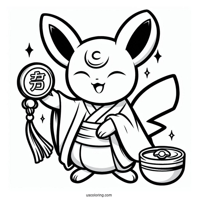Mew Coloring Page Holding Koban Lucky Gold Coin