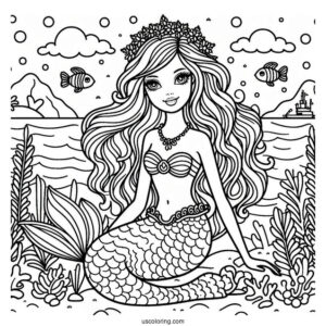Mermaid Barbie In Ocean Coloring Sheet