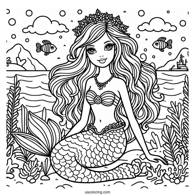 Mermaid Barbie In Ocean Coloring Sheet