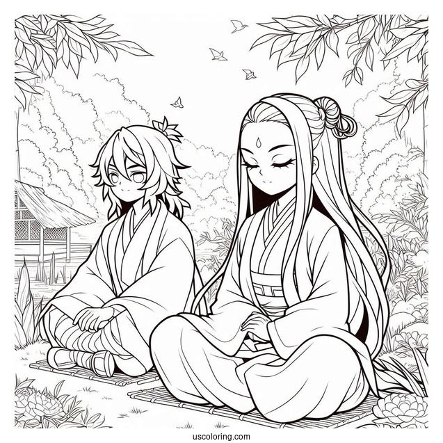 Nezuko Coloring Page Sitting Next To Inosuke In Garden