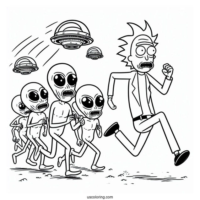 Rick And Morty Running From Aliens Coloring Page