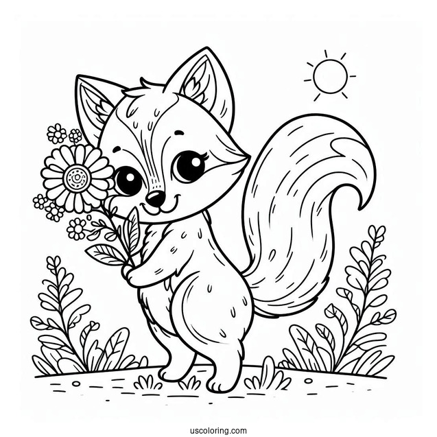 Fox Holding A Flower Plot Coloring Sheet