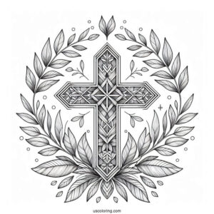 Fantasy Cross Coloring Page Framed With Lovely Leaves