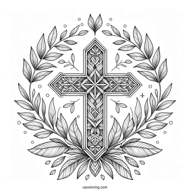 Fantasy Cross Coloring Page Framed With Lovely Leaves