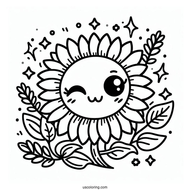 Cute Winking Sunflower Coloring In