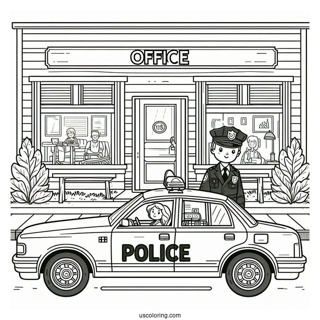Office Standing Outside Police Car Coloring Page Speaking To Children