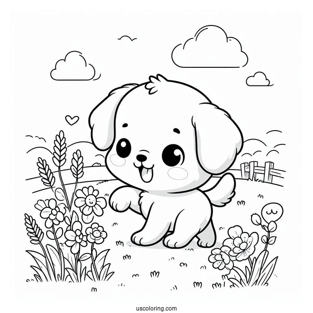 Cute Coloring Page Of Puppy Playing In A Field For Kids