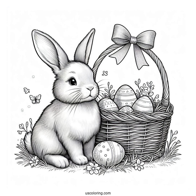 Easter Coloring Page Of Realistic Bunny Next To Basket Of Easter Eggs