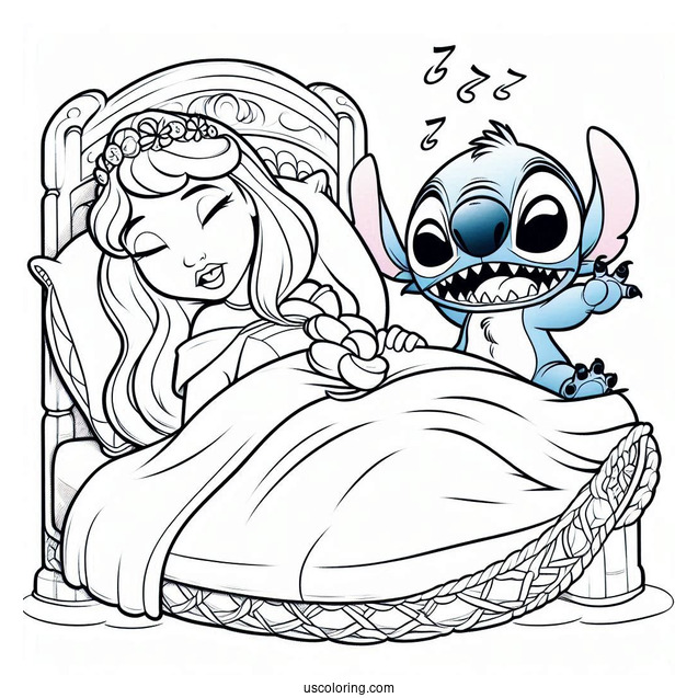 Sleeping Beauty Coloring Page Of Funny Stitch Scaring Princess Aurora