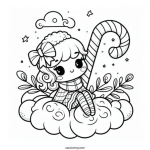 Adorable Candy Cane Coloring Page Sitting On A Cloud