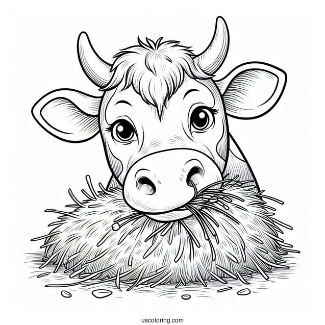 Cow With Horns Eating Hay Coloring Page