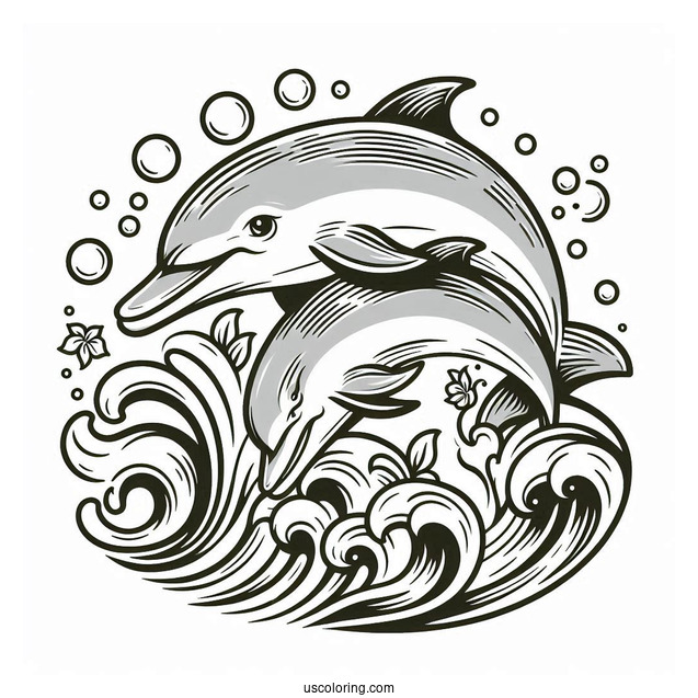 Two Dolphins Swimming In Waves