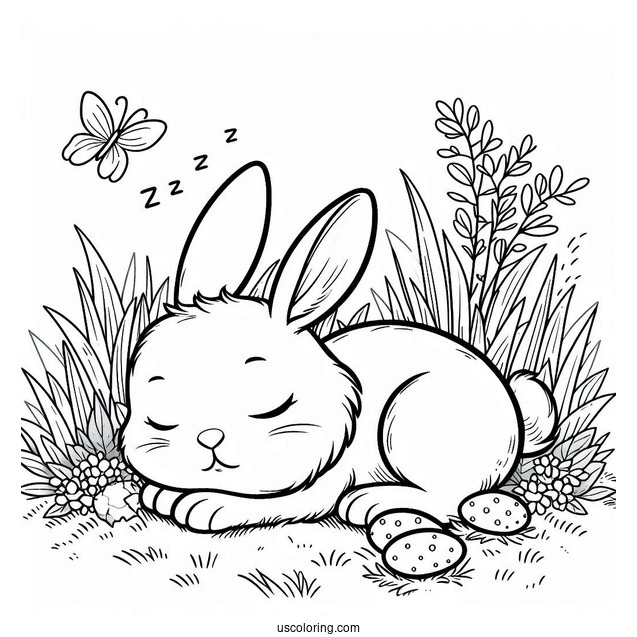 Adorable Rabbit Sleeping In Grass Patch