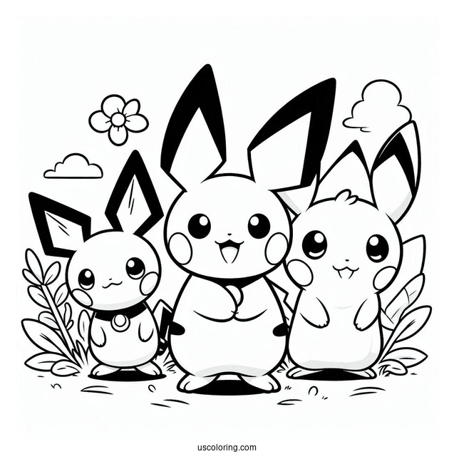 Coloring Sheet Of Pichu, Raichu, And Pikachu For Kids