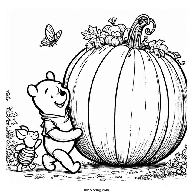Winnie The Pooh And Piglet Carrying A Giant Pumpkin Coloring Page