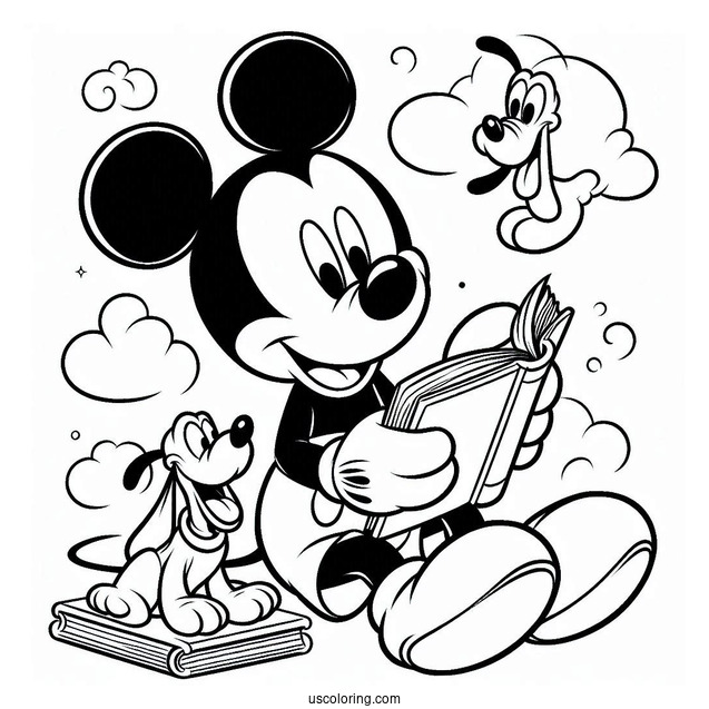 Mickey Mouse Reading A Book To Pluto Coloring Page