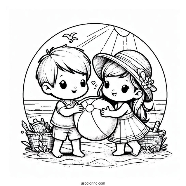 Two Kids Playing With A Beach Ball Coloring Sheet