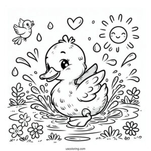 Playful Duck Splashing in Water Coloring Sheet For Preschoolers