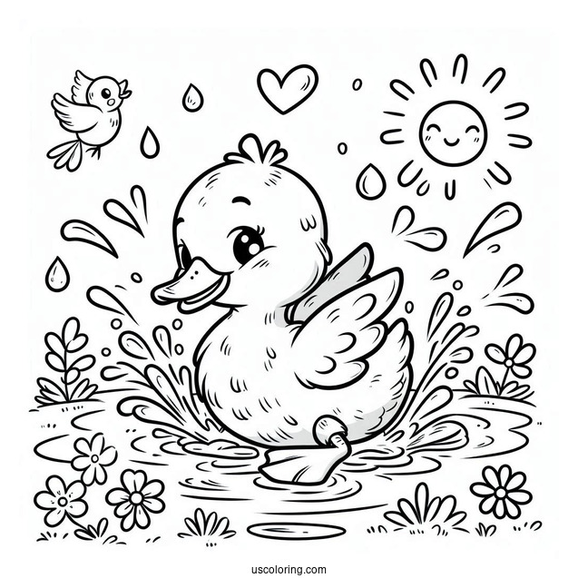 Playful Duck Splashing in Water Coloring Sheet For Preschoolers