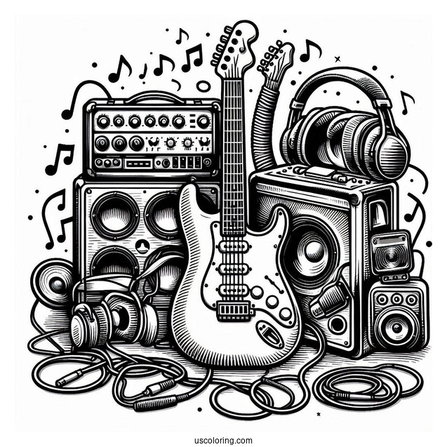 Music Coloring Page Of Electric Guitar With Speakers, Amplifiers, Headphones, And Cables