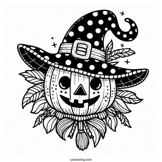 Jack O Lantern Scarecrow Coloring Page Wearing A Polka Dot Witch Hat
