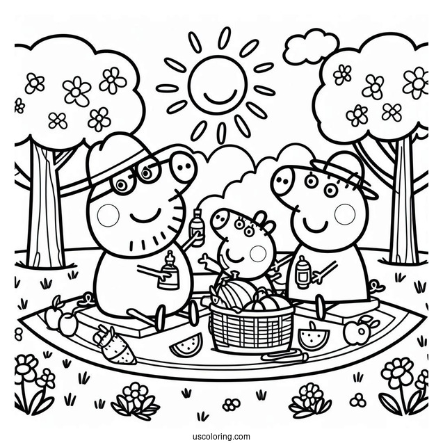 Peppa Pig Family Having A Picnic Coloring Page