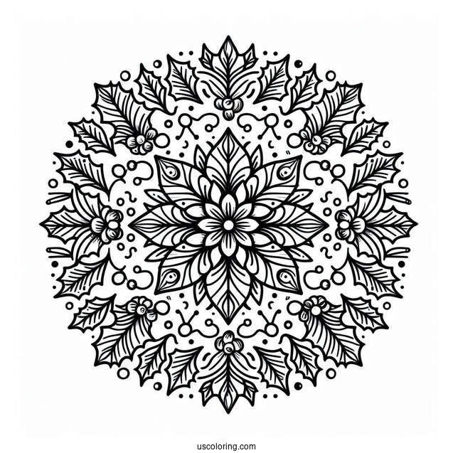 Hollies And Mistletoes Christmas Mandala Coloring Page