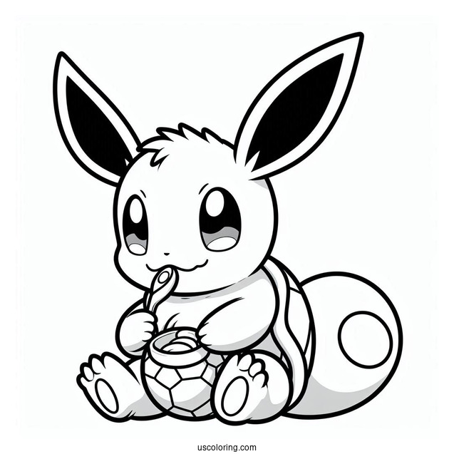 Eevee Eating With Squirtle Coloring Page