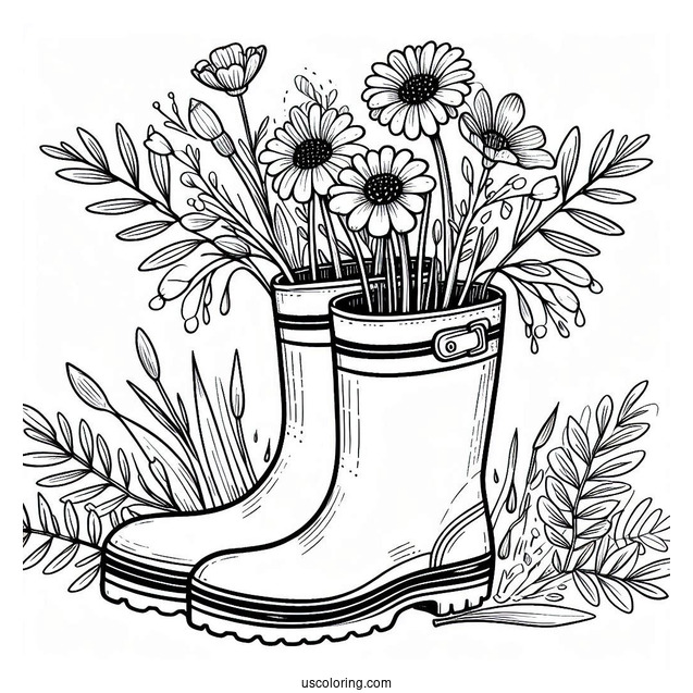 Rainboots Filled With Spring Coloring Page Wildflowers