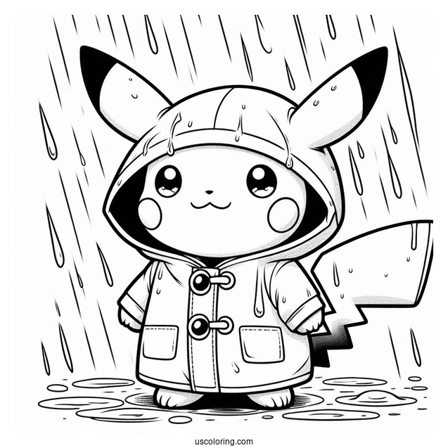 Cute Pikachu Wearing Raincoat Coloring In