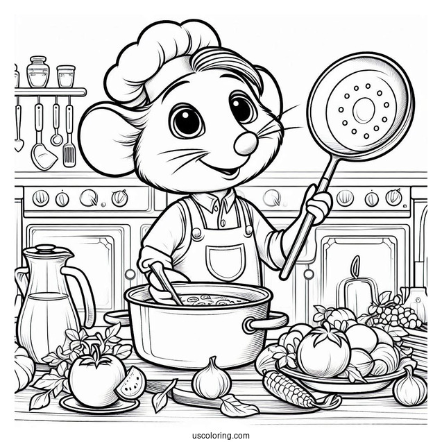 Ratatouille Coloring Page Holding a Ladle In The Kitchen
