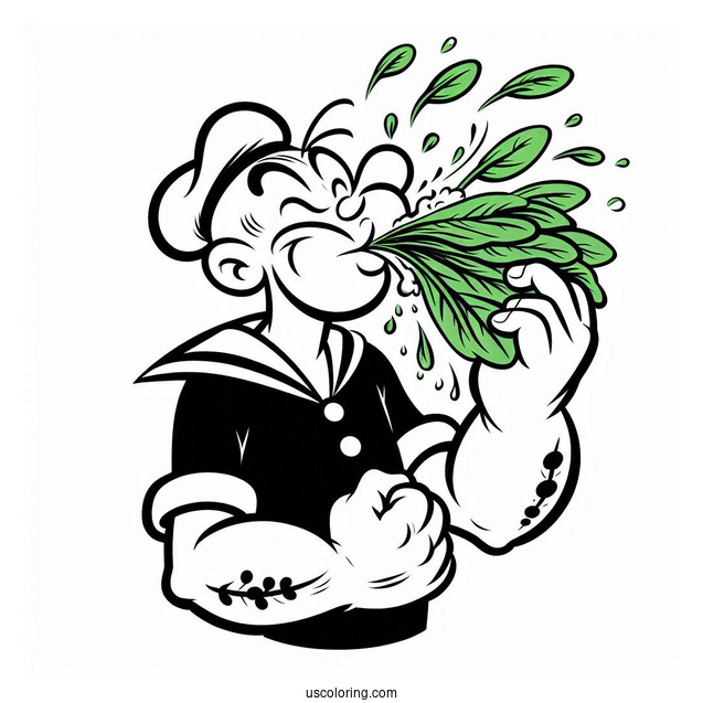 Popeye Coloring Page Catching Spinach With His Mouth