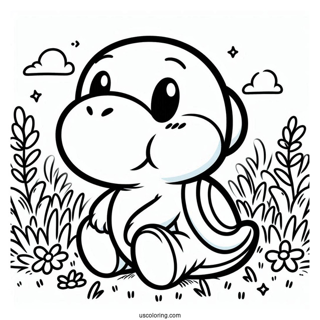 Kawaii Yoshi Sitting In Field Coloring For Kids