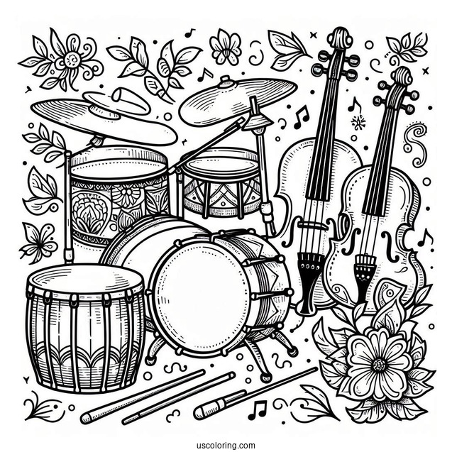 Music Coloring Page Of Drum, Guitar, Violin, Tambourine, And Piano