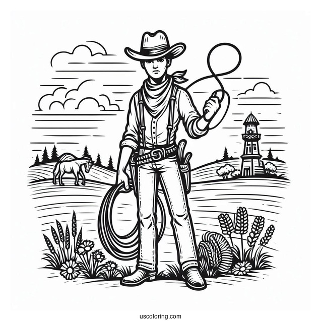 Cowboy Coloring Page Holding A Lasso