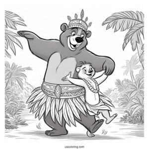 Jungle Book Coloring Page Of Baloo In Leaf Skirt Dancing With King Louie