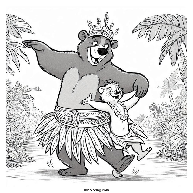 Jungle Book Coloring Page Of Baloo In Leaf Skirt Dancing With King Louie