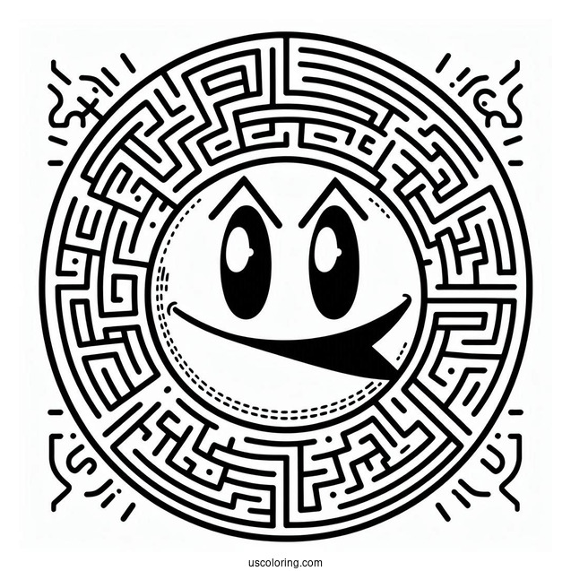 Smirking Pac-Man Coloring Page With Maze In Background