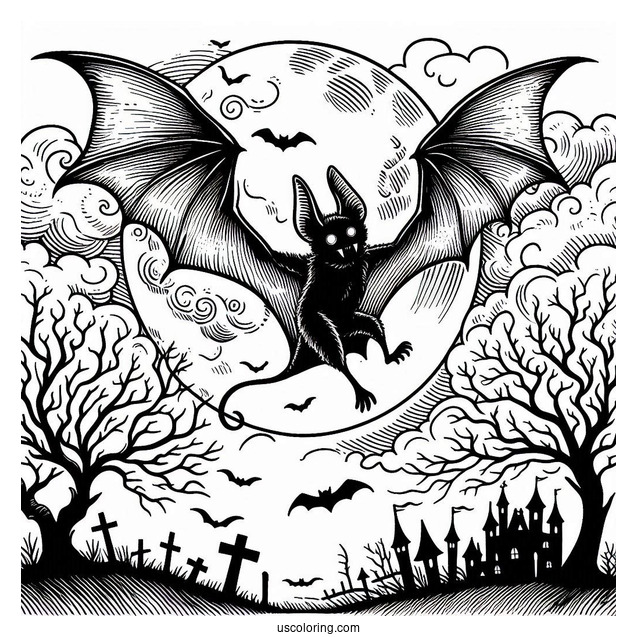 Creepy Bat Coloring Page Flying Over Graveyard On Halloween