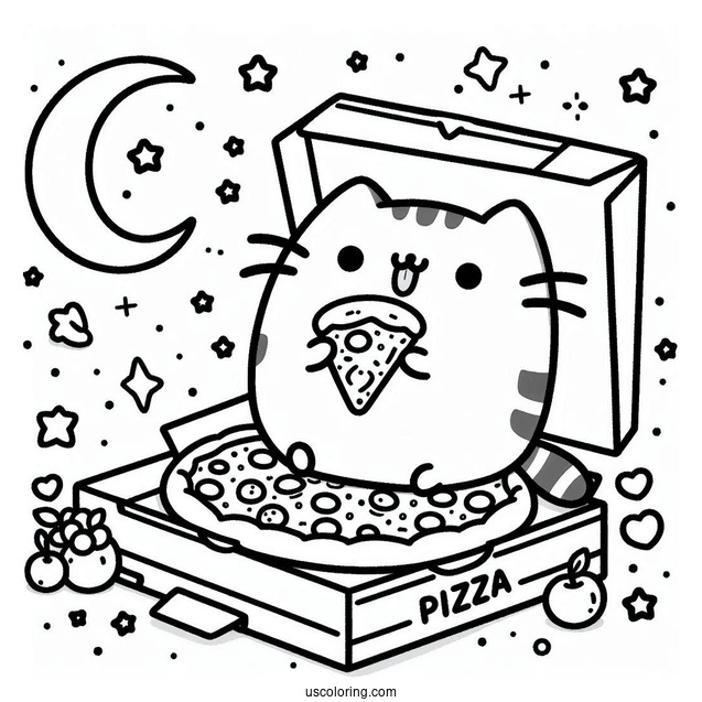 Coloring Page Of Pusheen Eating Pizza In Box