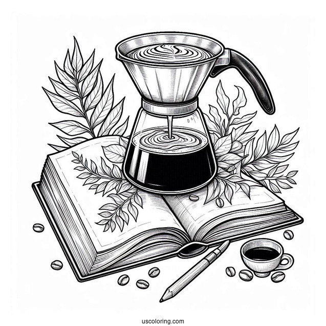 Coffee Coloring Pages Of Freshly Brewed Pour Over Coffee In Front Of Open Book